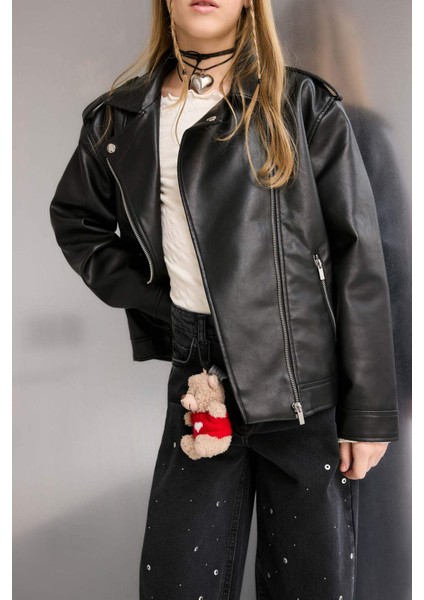 Kız Çocuk Su Geçirmez Fermuarlı Suni Deri Ceket Mont C4976A825AU