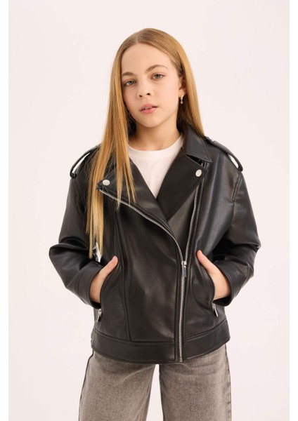 Kız Çocuk Su Geçirmez Fermuarlı Suni Deri Ceket Mont C4976A825AU