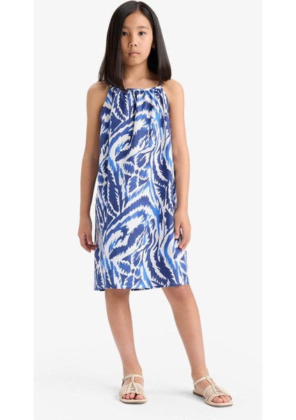 Kız Çocuk Desenli Viskon Askılı Yazlık Elbise E7367A825SM