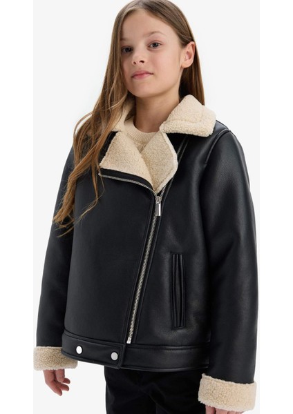 Kız Çocuk Su İtici Ceket Yaka Pelüş Astar Suni Deri Ceket Mont C4978A825AU