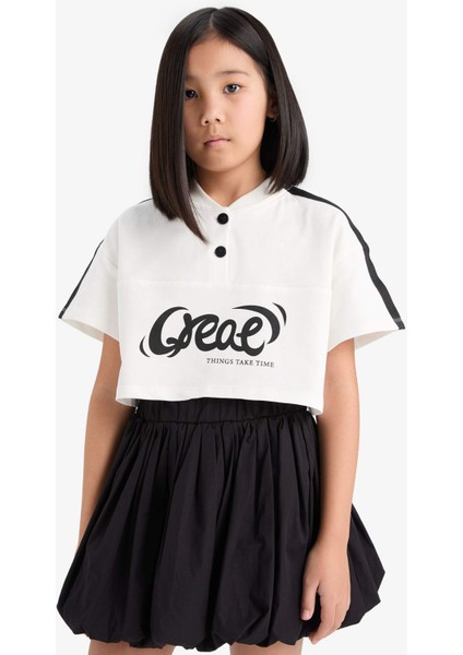 Kız Çocuk Crop Bisiklet Yaka Düğmeli Baskılı Kısa Kollu Tişört E1881A825SM