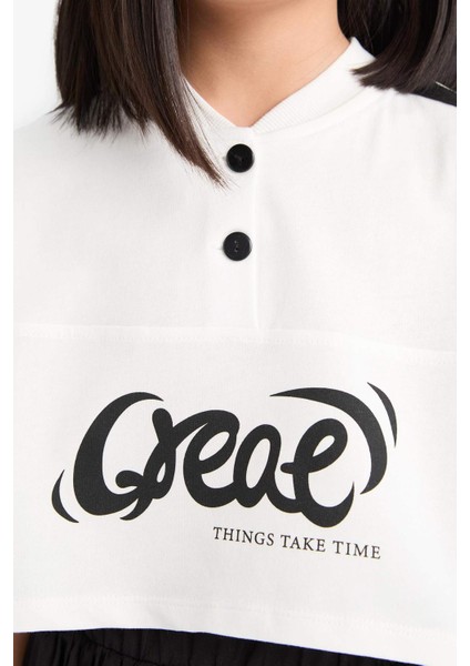 Kız Çocuk Crop Bisiklet Yaka Düğmeli Baskılı Kısa Kollu Tişört E1881A825SM