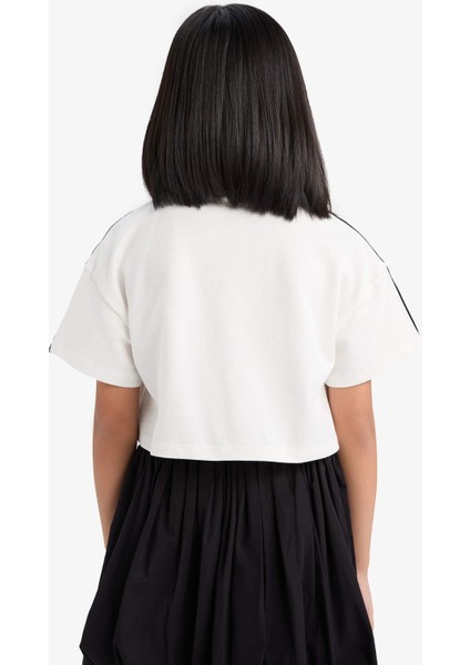 Kız Çocuk Crop Bisiklet Yaka Düğmeli Baskılı Kısa Kollu Tişört E1881A825SM