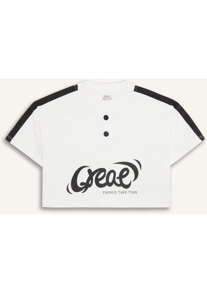 Kız Çocuk Crop Bisiklet Yaka Düğmeli Baskılı Kısa Kollu Tişört E1881A825SM