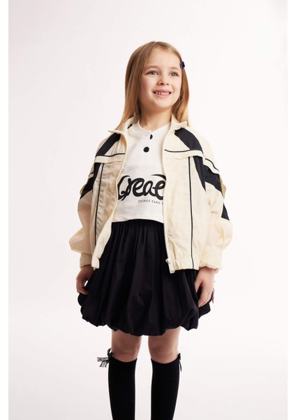 Kız Çocuk Crop Bisiklet Yaka Düğmeli Baskılı Kısa Kollu Tişört E1881A825SM