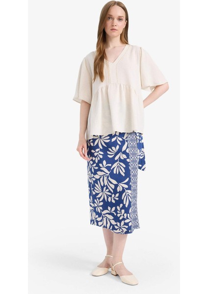 Regular Fit Çiçek Desenli Keten Karışımlı Midi Etek E7337AX25SM