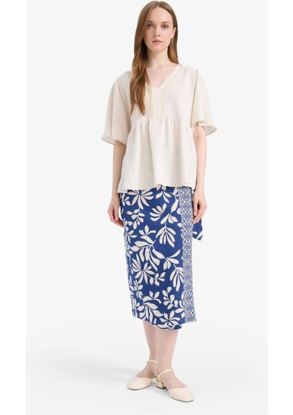 Regular Fit Çiçek Desenli Keten Karışımlı Midi Etek E7337AX25SM