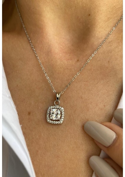 316L VIP Çelik Zirkon Taşlı Gümüş Renk Kolye
