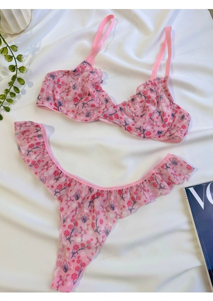 Çiçek Desenli Tül Transparan Dantel Sütyen Takımı Desteksiz Balenli 75B-90B fiyatları