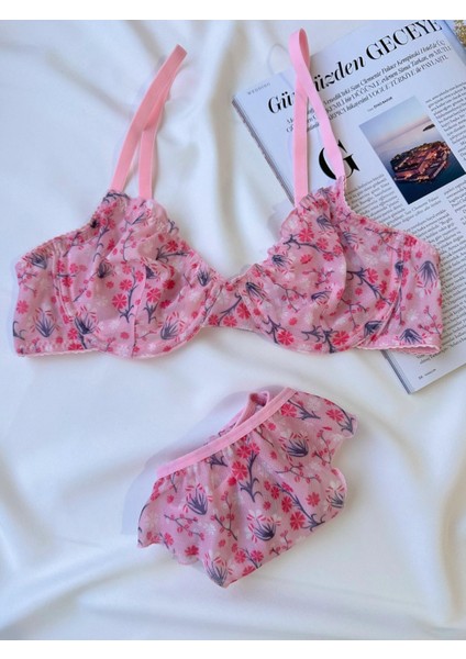 Çiçek Desenli Tül Transparan Dantel Sütyen Takımı Desteksiz Balenli 75B-90B modelleri