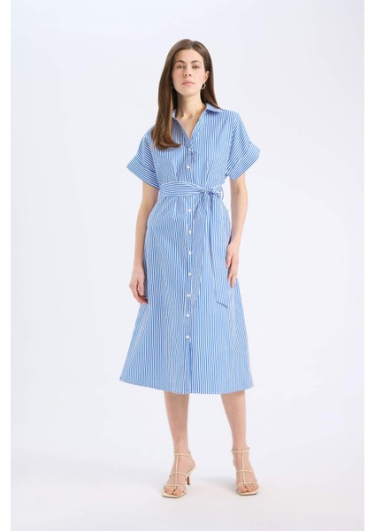 Gömlek Yaka Çizgili Poplin Kısa Kollu Kuşaklı Midi Gömlek Elbise E6021AX25SP