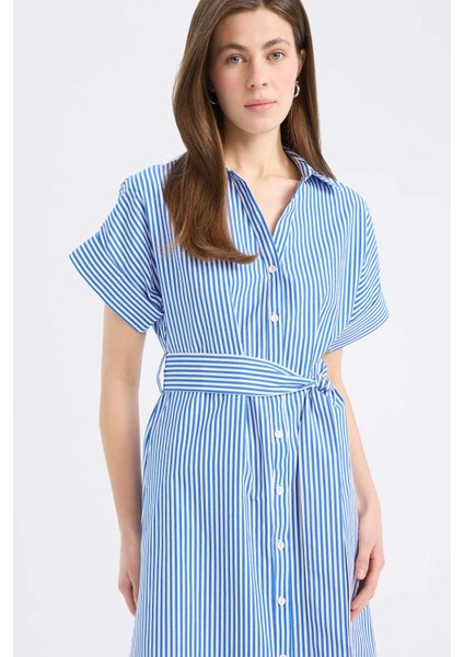 Gömlek Yaka Çizgili Poplin Kısa Kollu Kuşaklı Midi Gömlek Elbise E6021AX25SP