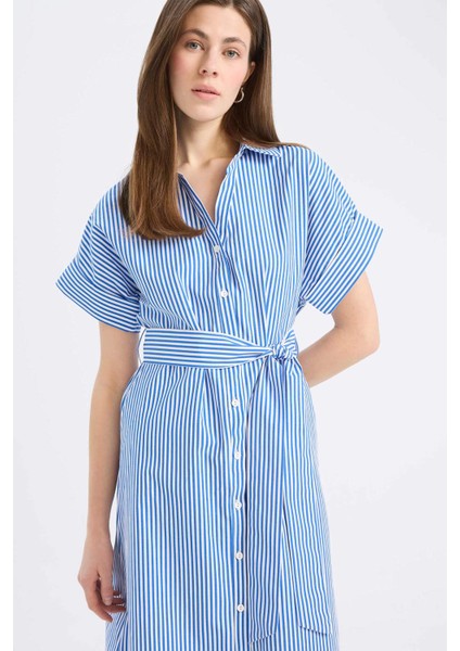 Gömlek Yaka Çizgili Poplin Kısa Kollu Kuşaklı Midi Gömlek Elbise E6021AX25SP