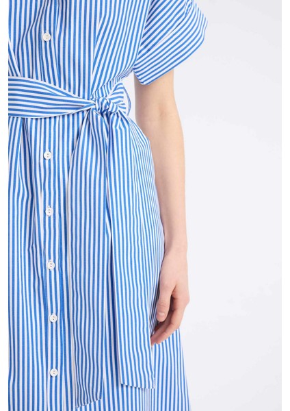 Gömlek Yaka Çizgili Poplin Kısa Kollu Kuşaklı Midi Gömlek Elbise E6021AX25SP