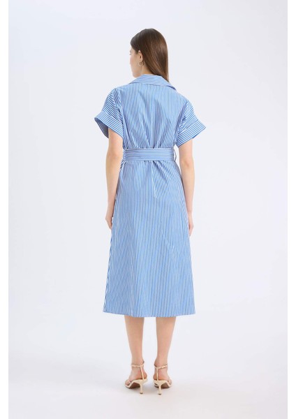 Gömlek Yaka Çizgili Poplin Kısa Kollu Kuşaklı Midi Gömlek Elbise E6021AX25SP