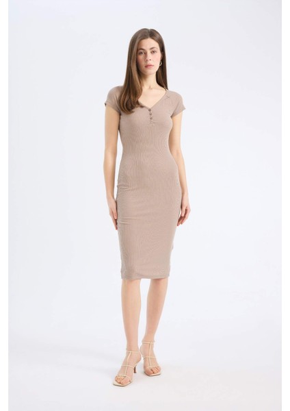 Bodycon Vücudu Saran V Yaka Fitilli Kaşkorse Kısa Kollu Midi Elbise E7368AX25SP