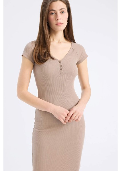 Bodycon Vücudu Saran V Yaka Fitilli Kaşkorse Kısa Kollu Midi Elbise E7368AX25SP