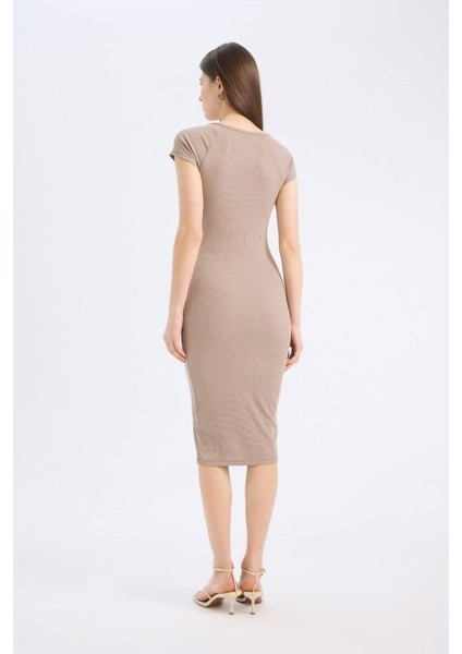 Bodycon Vücudu Saran V Yaka Fitilli Kaşkorse Kısa Kollu Midi Elbise E7368AX25SP