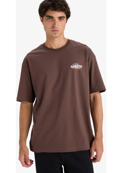 %100 Pamuk Naruto Boxy Fit Rahat Kesim Bisiklet Yaka Sırt Baskılı Kısa Kollu Tişört E7358AX25AU