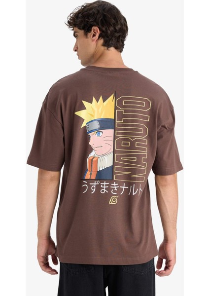 %100 Pamuk Naruto Boxy Fit Rahat Kesim Bisiklet Yaka Sırt Baskılı Kısa Kollu Tişört E7358AX25AU