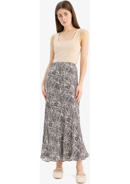 A Kesim Leopar Desenli Normal Bel Midi Saten Etek E7486AX25SP