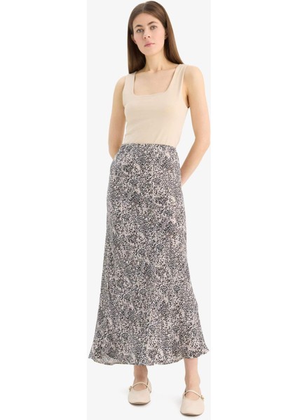 A Kesim Leopar Desenli Normal Bel Midi Saten Etek E7486AX25SP