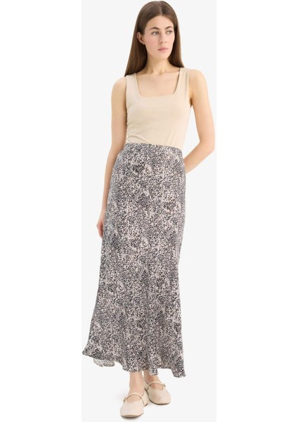 A Kesim Leopar Desenli Normal Bel Midi Saten Etek E7486AX25SP