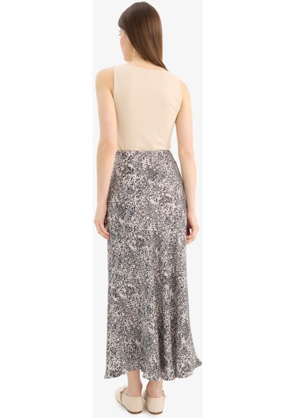 A Kesim Leopar Desenli Normal Bel Midi Saten Etek E7486AX25SP