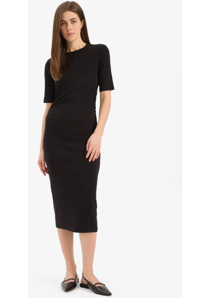 Bodycon Vücudu Saran Bisiklet Yaka Basic Düz Ribana Kısa Kollu Midi Elbise E6003AX25SP