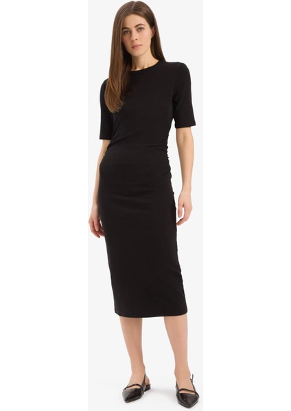 Bodycon Vücudu Saran Bisiklet Yaka Basic Düz Ribana Kısa Kollu Midi Elbise E6003AX25SP