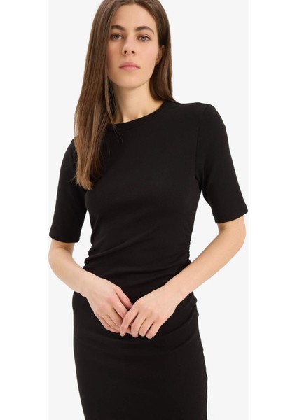 Bodycon Vücudu Saran Bisiklet Yaka Basic Düz Ribana Kısa Kollu Midi Elbise E6003AX25SP