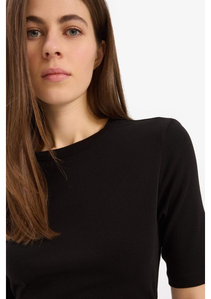 Bodycon Vücudu Saran Bisiklet Yaka Basic Düz Ribana Kısa Kollu Midi Elbise E6003AX25SP