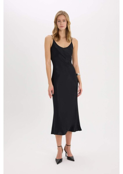 Bodycon Vücudu Saran Basic Düz Saten Kolsuz Maxi Siyah Abiye Elbise E7256AX25SP