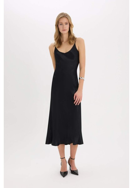 Bodycon Vücudu Saran Basic Düz Saten Kolsuz Maxi Siyah Abiye Elbise E7256AX25SP