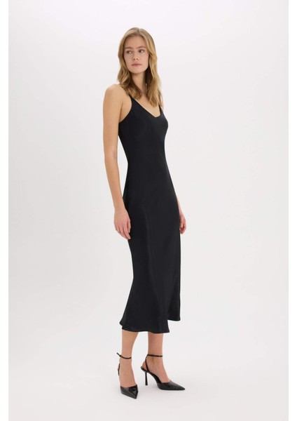 Bodycon Vücudu Saran Basic Düz Saten Kolsuz Maxi Siyah Abiye Elbise E7256AX25SP
