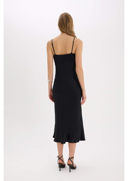 Bodycon Vücudu Saran Basic Düz Saten Kolsuz Maxi Siyah Abiye Elbise E7256AX25SP