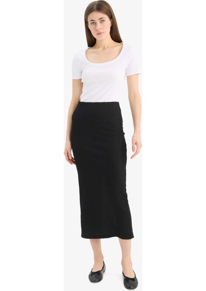 Yüksek Bel Fitilli Kaşkorse Basic Düz Maxi Siyah Kalem Etek C4497AX25SP