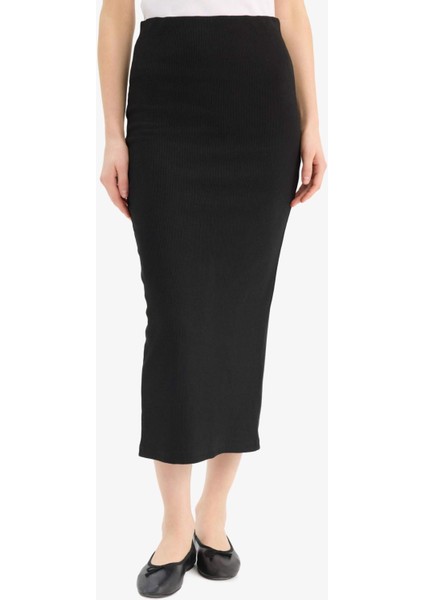 Yüksek Bel Fitilli Kaşkorse Basic Düz Maxi Siyah Kalem Etek C4497AX25SP