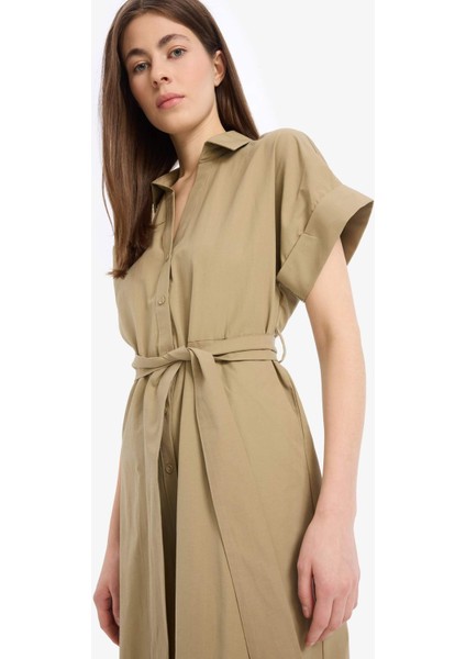 A Kesim Gömlek Yaka Kuşaklı Poplin Kısa Kollu Midi Elbise E6489AX25SP