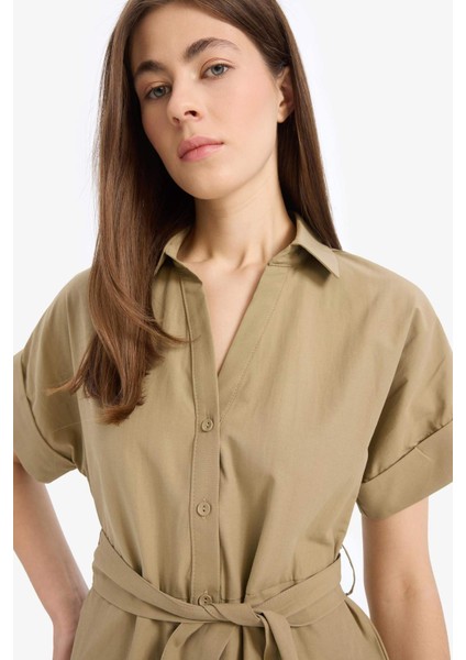 A Kesim Gömlek Yaka Kuşaklı Poplin Kısa Kollu Midi Elbise E6489AX25SP