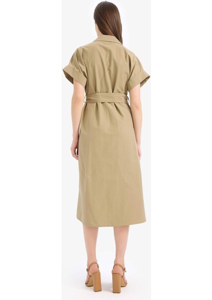 A Kesim Gömlek Yaka Kuşaklı Poplin Kısa Kollu Midi Elbise E6489AX25SP