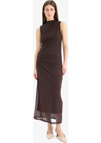 Bodycon Vücudu Saran Yarım Balıkçı Yaka Basic Düz Tül Kolsuz Maxi Abiye Elbise C3519AX25SP