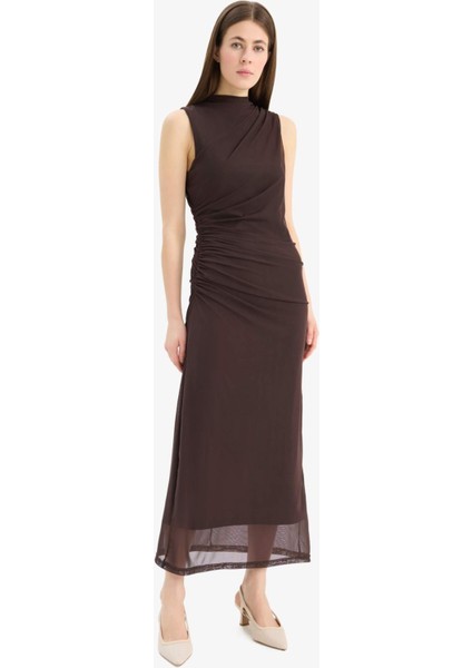 Bodycon Vücudu Saran Yarım Balıkçı Yaka Basic Düz Tül Kolsuz Maxi Abiye Elbise C3519AX25SP