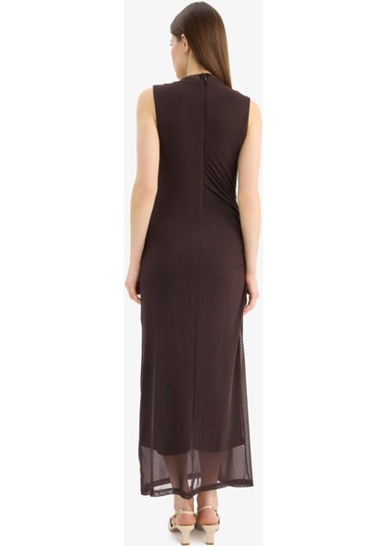 Bodycon Vücudu Saran Yarım Balıkçı Yaka Basic Düz Tül Kolsuz Maxi Abiye Elbise C3519AX25SP