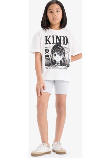 Kız Çocuk Pamuklu 2'li Takım Baskılı Kısa Kollu Tişört Biker Tayt E7317A825HS