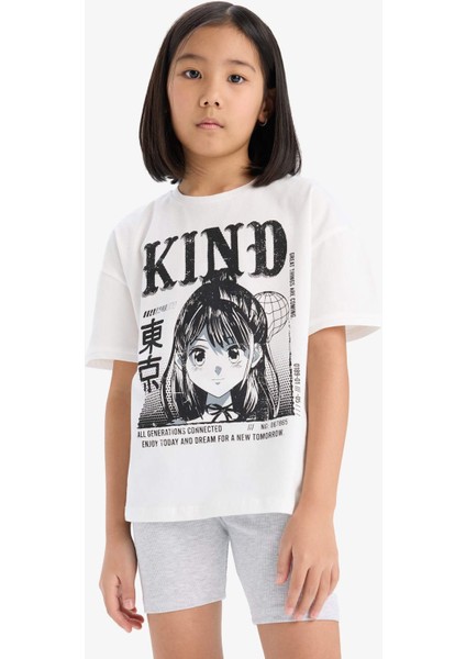 Kız Çocuk Pamuklu 2'li Takım Baskılı Kısa Kollu Tişört Biker Tayt E7317A825HS