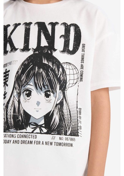 Kız Çocuk Pamuklu 2'li Takım Baskılı Kısa Kollu Tişört Biker Tayt E7317A825HS