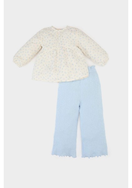 Kız Bebek 2'li Takım Çiçekli Müslin Uzun Kollu Bluz Beli Lastikli Geniş Bol Paça Pantolon E5708A525SP