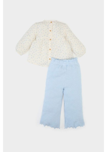 Kız Bebek 2'li Takım Çiçekli Müslin Uzun Kollu Bluz Beli Lastikli Geniş Bol Paça Pantolon E5708A525SP