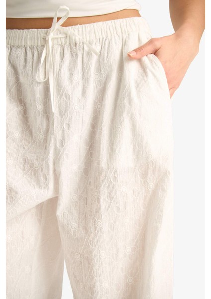 Wide Leg Çift Cepli Beli Lastikli Standart Boy Brode Pantolon E6393AX25SM